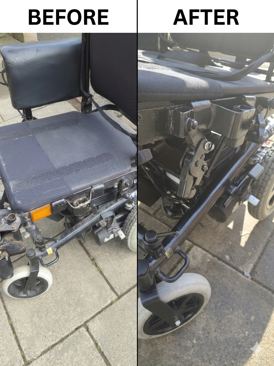 Power wheelchair seat before and after professional cleaning