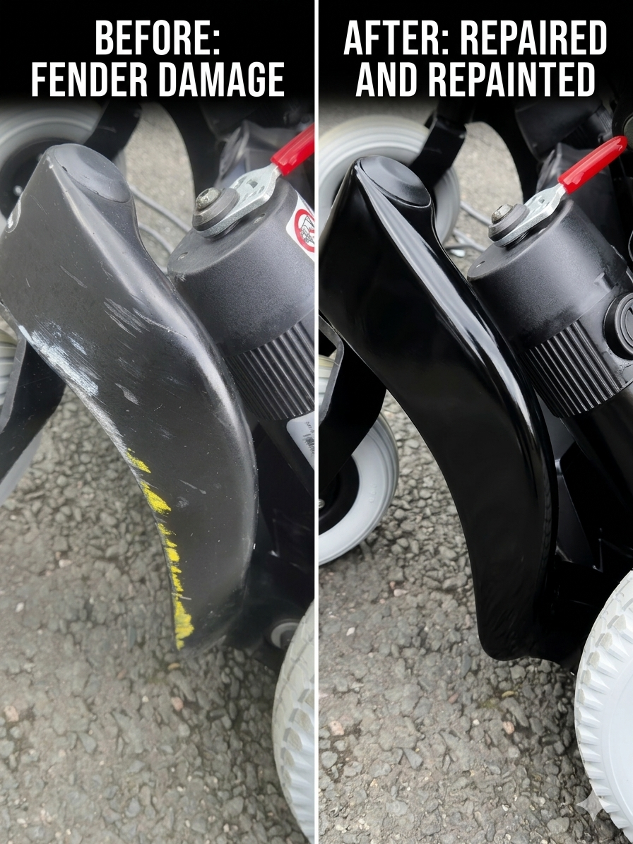 Wheelchair fender before and after repair and repaint