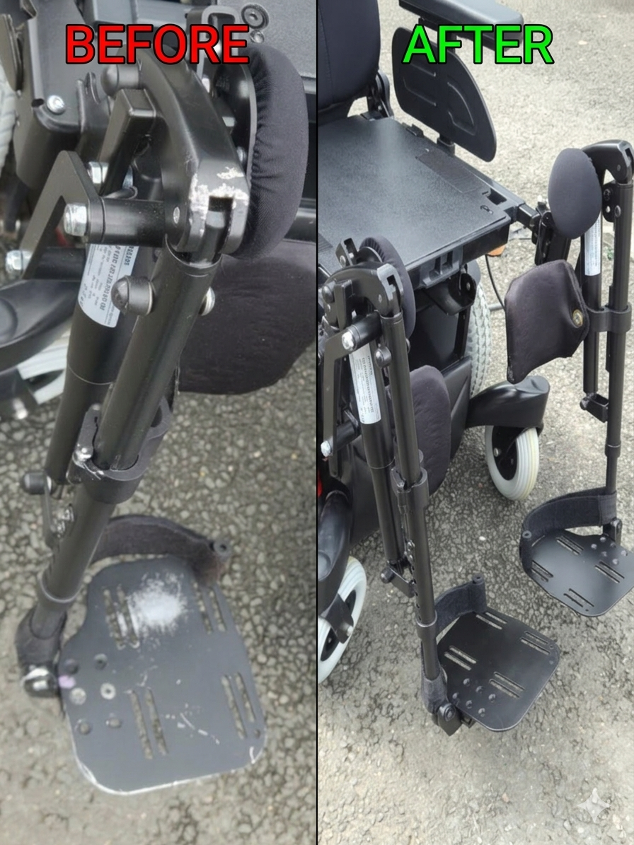 Wheelchair footrest before and after detail clean